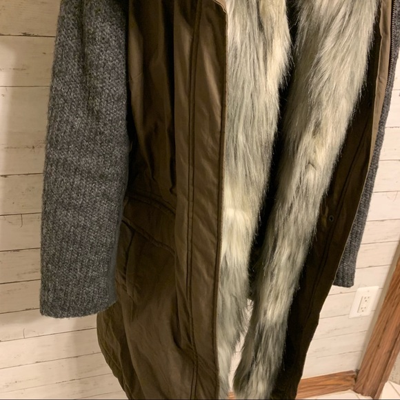 Vera Wang Green Khaki Faux Fur Trim Mixed Media Parka - Picture 13 of 17
